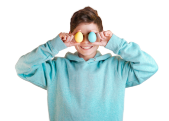 happy cute boy holding colorful easter eggs in front of her eyes. Banner for celebrating the joy of spring and the holiday season, Easter themed projects and designs. Copy space for text, PNG isolated