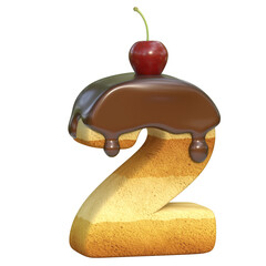 Cake with cherry on top font 3d rendering number 2