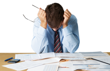 Tired businessman with documents isolated on white background