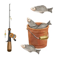 illustration of fishing set with fish. High quality illustration © Лариса Хамукова