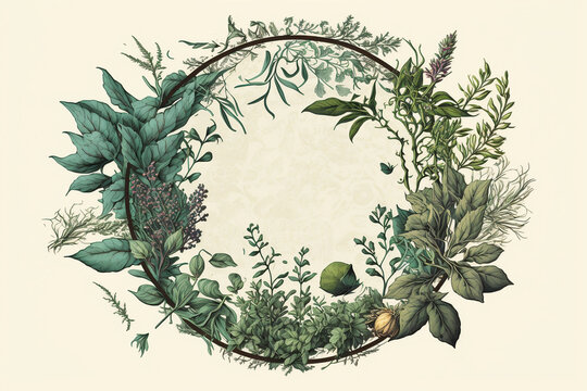 Circular Frame with Green Leaves and Botanical Elements generative ai art