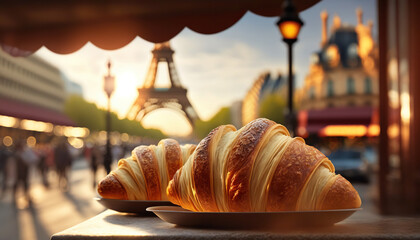 Delicious french croissants on romantic background of Eiffel tower, Paris. Based on Generative AI