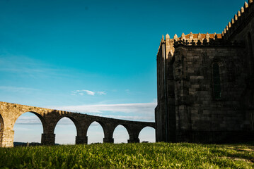 View from the castle tower between Santa Clara Aqueduct in Vila do Conde, Portugal. 