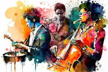Group of jazz musicians. Watercolor. Generative Ai - obrazy, fototapety, plakaty