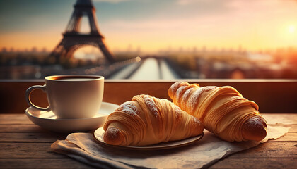 Delicious french croissants on romantic background of Eiffel tower, Paris. Based on Generative AI - obrazy, fototapety, plakaty