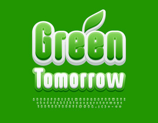Vector eco banner Green Tomorrow with decorative Leaf. Creative modern Font. Set of Alphabet Letters, Numbers and Symbols