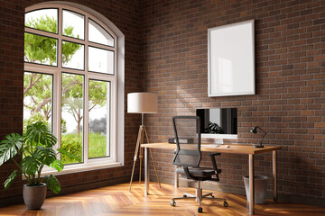 comfortable workplace with pc on wooden desk in office at home; bright sunlight from side large window and wall; canvas copy space;  remote work freelance; 3D Illustration