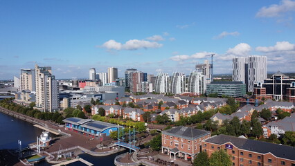 Aerial view of modern buildings and landmarks. Taken in Salford Quays England. 