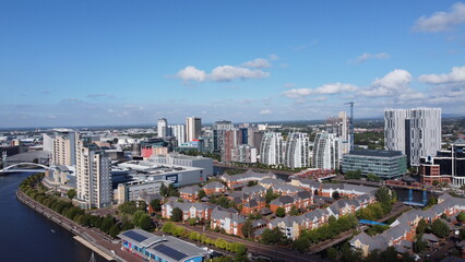 Fototapeta na wymiar Aerial view of modern buildings and landmarks. Taken in Salford Quays England. 