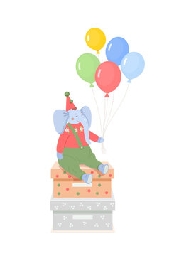 Cute plush blue baby elephant in festive hat sits on stack of gift boxes and holds colorful balloons in his hand. Funny vector children's greeting  illustration isolated on white background.