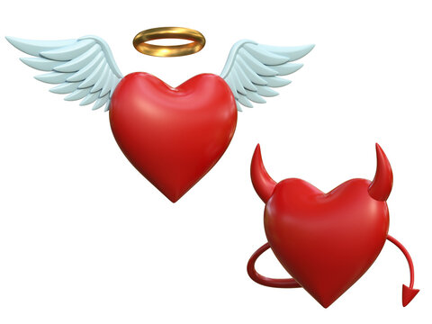 Angel heart and devil heart 3d illustration