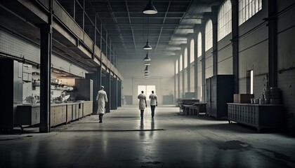 Conceptual image of industrial interior with two people walking in corridor. Generative AI