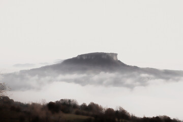 Landscape the Pietra di Bismantova with fog, Reggio Emilia Italy