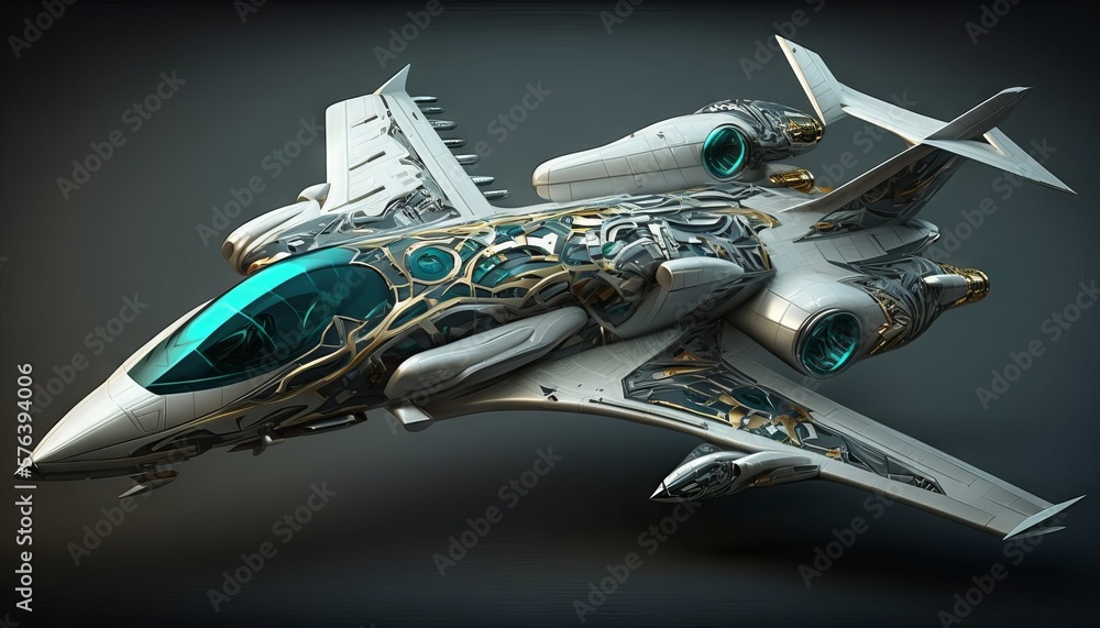 Poster generative ai of a futuristic space ship isolated on a dark background.