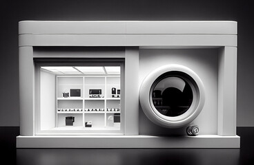 Generative AI illustration of minimalist and futuristic store all in white color