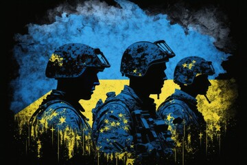 Illustration of a silhouette of an Ukrainian soldiers and Ukrainian flag, AI generated