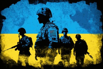 Illustration of a silhouette of an Ukrainian soldiers and Ukrainian flag, AI generated