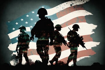 Illustration of a silhouette of an American soldiers and American flag, AI generated