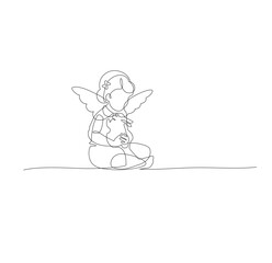 Angel and bunny, rabbit. Happy Easter. Continuous line art drawing, vector illustration, black and white