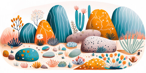 Tropical exotic desert colorful illustration. Rocks, sand, plants, cartoon modern kids style. Abstract summer desert background for interior design, fashion textile fabric, wallpaper