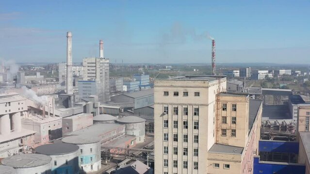 Chemical production: JSC Bashkir Soda Company, production workshops. Aerial view.