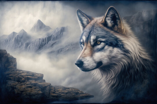 Majestic wolf in mountain landscape