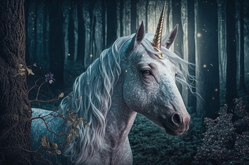 Mystical unicorn in a magical forest 