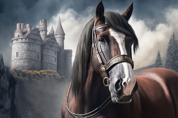 Horse in front of a castle 