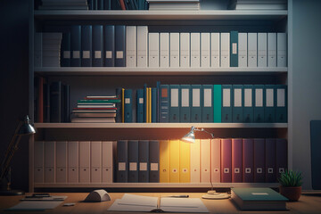 Wall from shelves with file binders, an office room with papers and documents. Generative AI