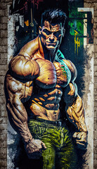 Fototapeta na wymiar Graffiti on the wall. Digital illustration of a bodybuilder. Created with Generative AI