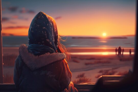 Rear view of girl sitting on the beach of warm summer sea with horizon behind. Generative AI