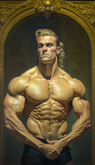 Shirtless bodybuilder painting. DIgital illustration of a muscular man. Baroque style. Created with Generative AI