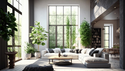 White Living Room With Natural Lighting and  Large Windows, L shaped Sofa, Interiors and Furnitures, green indoor plants | Generative Art 