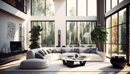 White Living Room With Large Windows, Curved Sofa, Interiors, Screen and Furnitures | Generative Art 