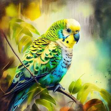 Budgerigar in tropical jungle, watercolour painting style, generative ai illustration