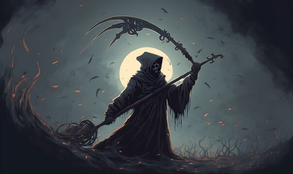 The Death as know as Grim Reaper holding the scythe against the eclipse in the background, digital art style, illustration painting, Generative AI