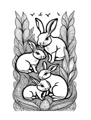 rabbit family together in a flowery nest. Art design for print, cover, wall art. Vector illustration.