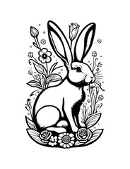 the rabbit alone among the lush flowers. Art design for print, cover, wall art. Vector illustration.