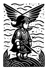 a boy dressed as a roman soldier. children's imagination, play, education. Art design for print, cover, wall art. Vector illustration.