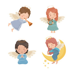 Vector collection of children angels. Cute cartoon Christmas characters.