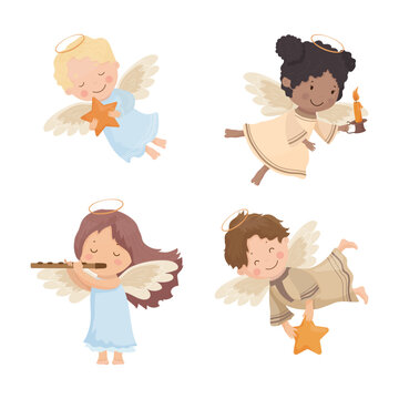 Vector collection of children angels. Cute cartoon Christmas characters.