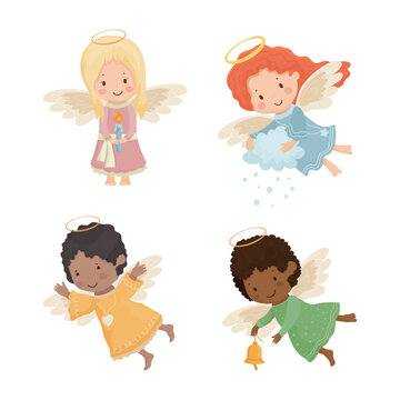 Vector collection of children angels. Cute cartoon Christmas characters.