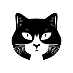 close up of cat face in linocut style, white and black. isolated on white background. Art design for print, cover, wall art. Vector illustration.