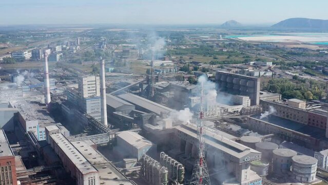 Chemical production: JSC Bashkir Soda Company, production workshops. Aerial view.