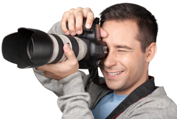 Male Photographer with Camera on white background