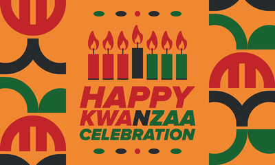 Kwanzaa Happy Celebration. African and African-American culture holiday. Seven days festival, celebrate annual from December 26 to January 1. Black history. Poster, card, banner and background. Vector