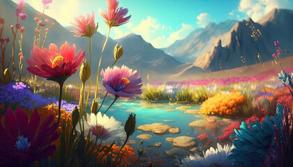 Fototapeta na wymiar Vibrant Valley of Wildflowers in Spring's Vivid Colors - ai generated