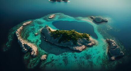 Fototapeta na wymiar Aerial view.illustration of tropical island and blue smooth sea,ocean for Summer holiday or vacation concepts.long banner size key visual design.generative ai