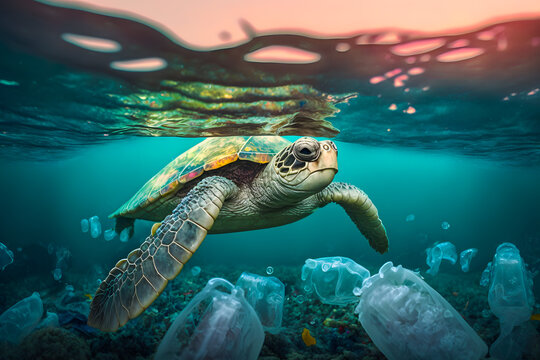 Sea turtle swims in a tropical ocean with plastic bottles and bags polluted with water. The problem of garbage in the seas, the suffering of animal inhabitants. Generative AI