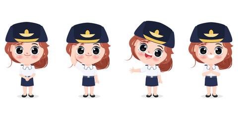 Thai female air force uniform cartoon gesture pose character collection pose set vector design.